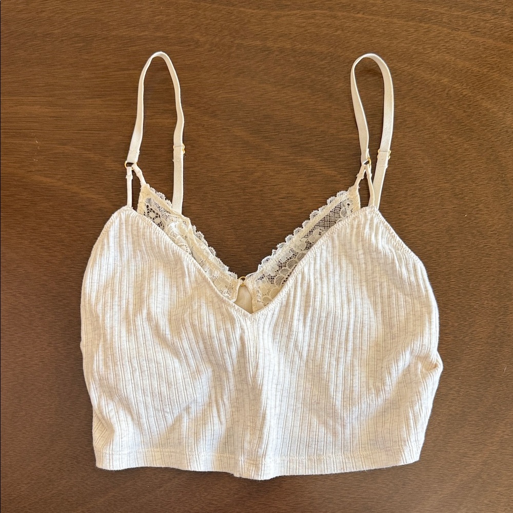 Aerie White Ribbed Lace Trim Cami Top